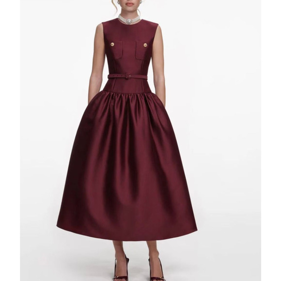 Self-Portrait Burgundy Taffeta Midi Dress US 8 - Picture 2 of 12